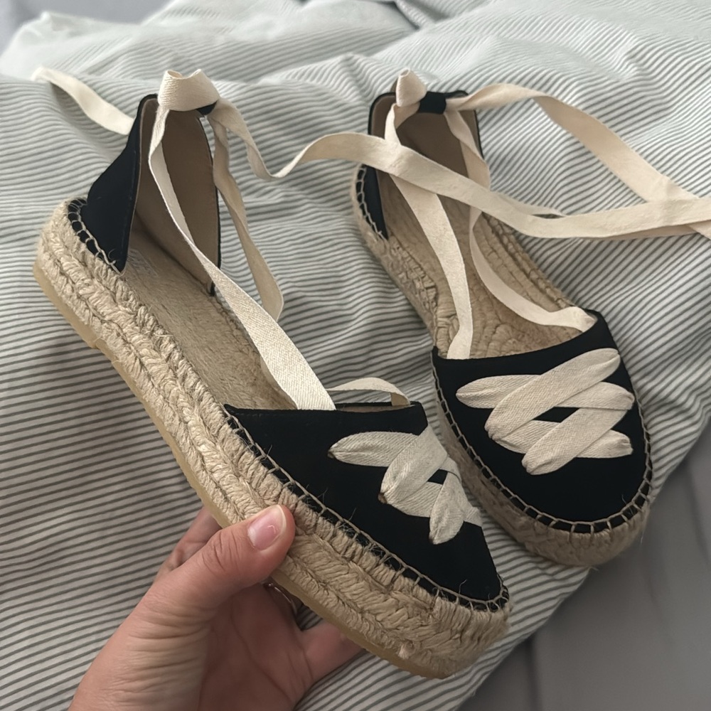 Women's Black and Cream Espadrille Flats